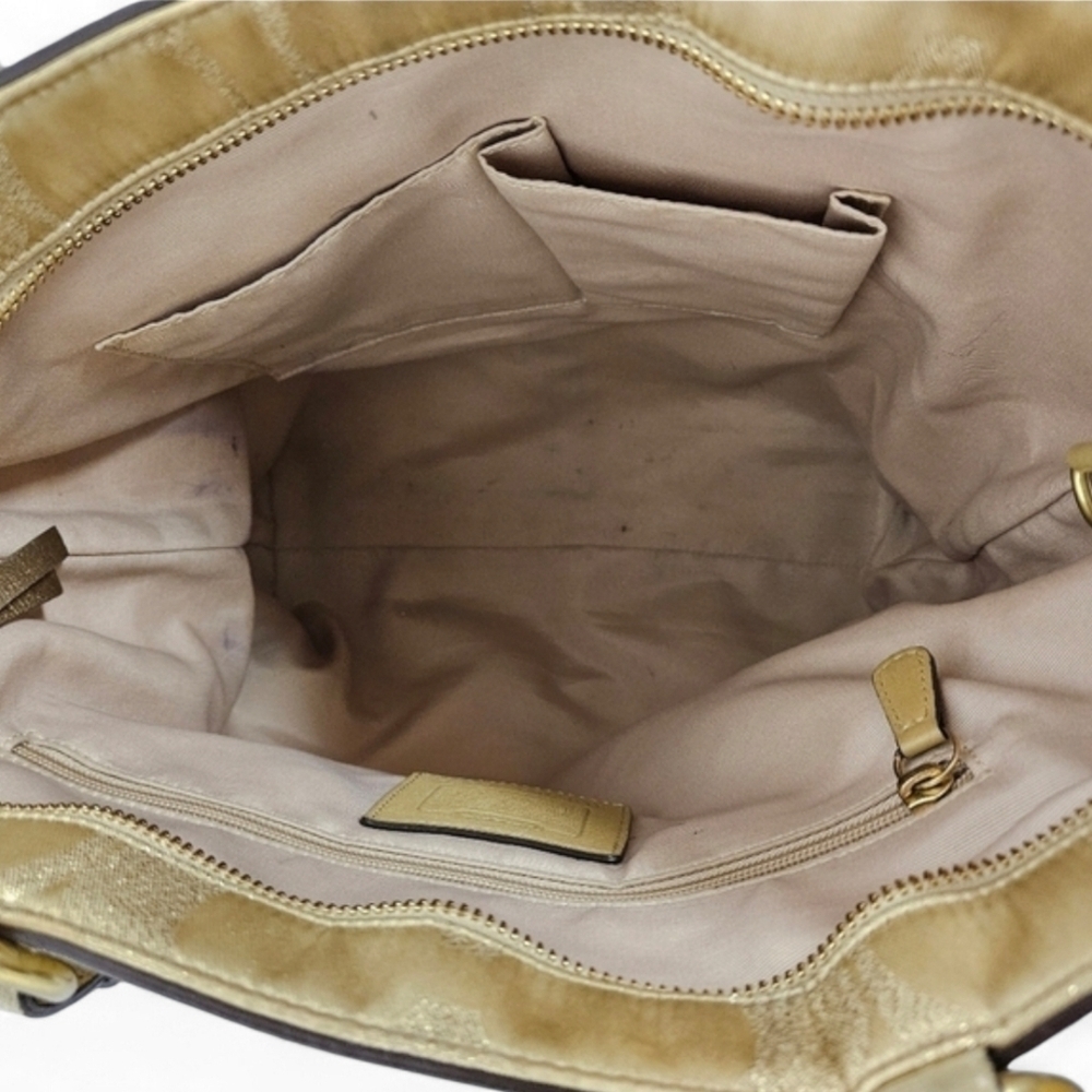 Coach Signature F06J-10390 Beaded Tote Bag In Canvas And Suede In Gold And Tan - Picture 13 of 15